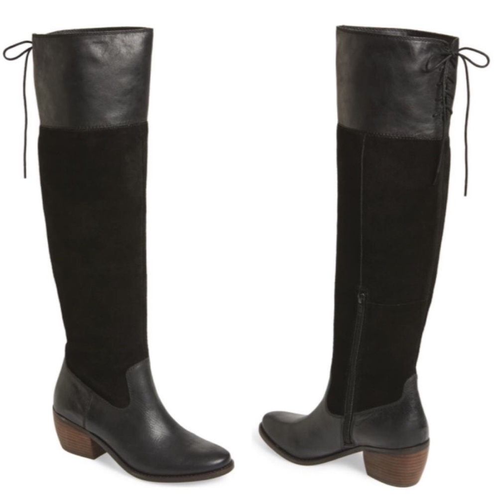 NEW Lucky Brand Komah Over The Knee Boots Back Tie Leather Suede Black Sz 6.5